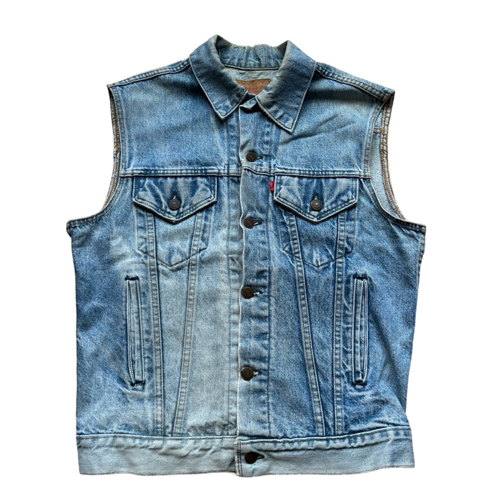 Levi’s Light Blue Denim Vest with Vintage Distressing and Classic Collar 42 L
